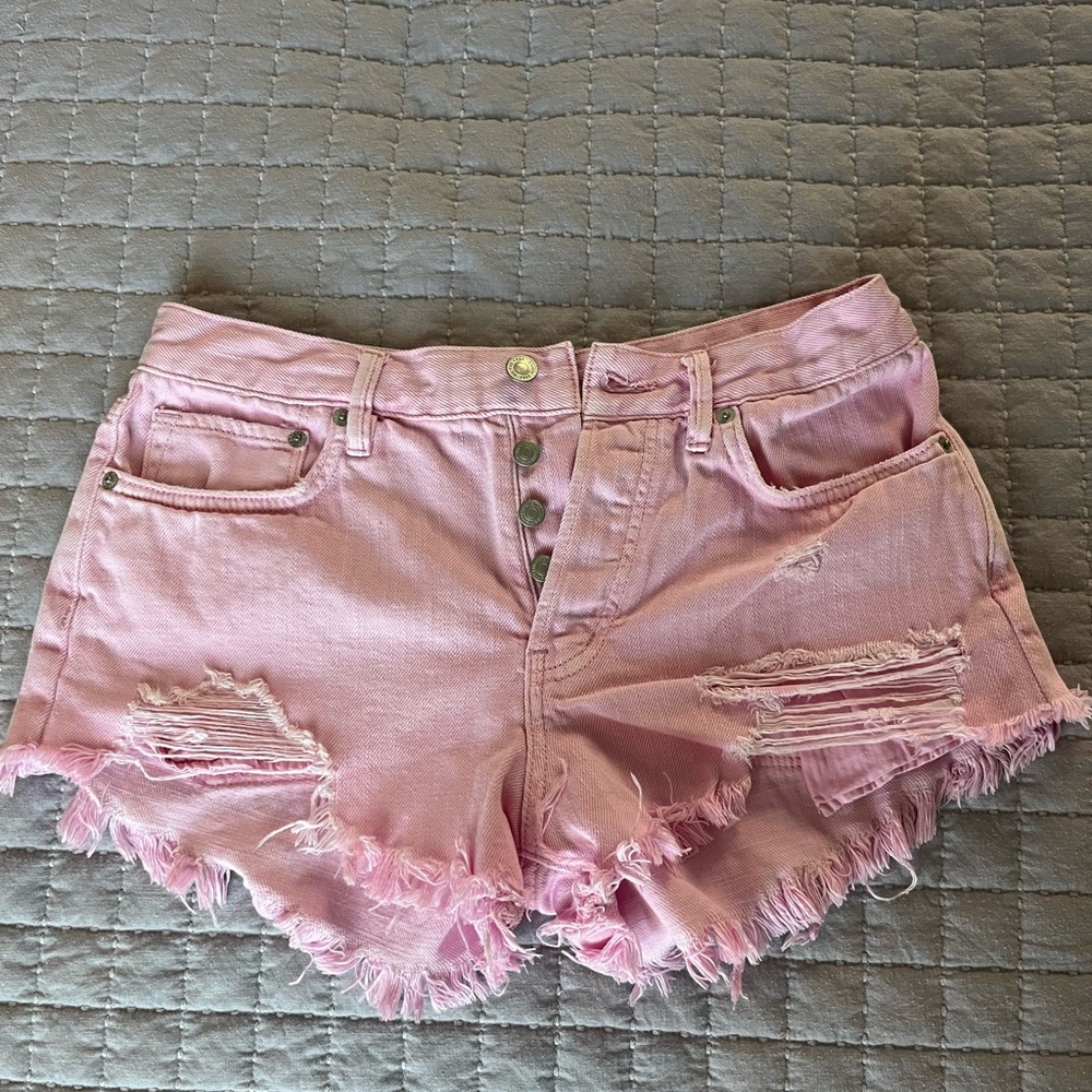 We The Free Pink Distressed Jean Shorts